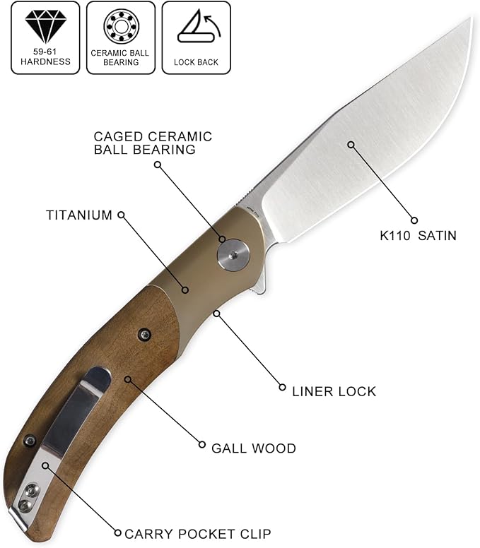 Petrified fish PFP09 Hourglass Folding Knife3.54 K110 Steel Satin Blade 3.88oz Titanium and Gallwood Handle Pocket knife for Camping Outdoor EDC (Gall wood Satin)