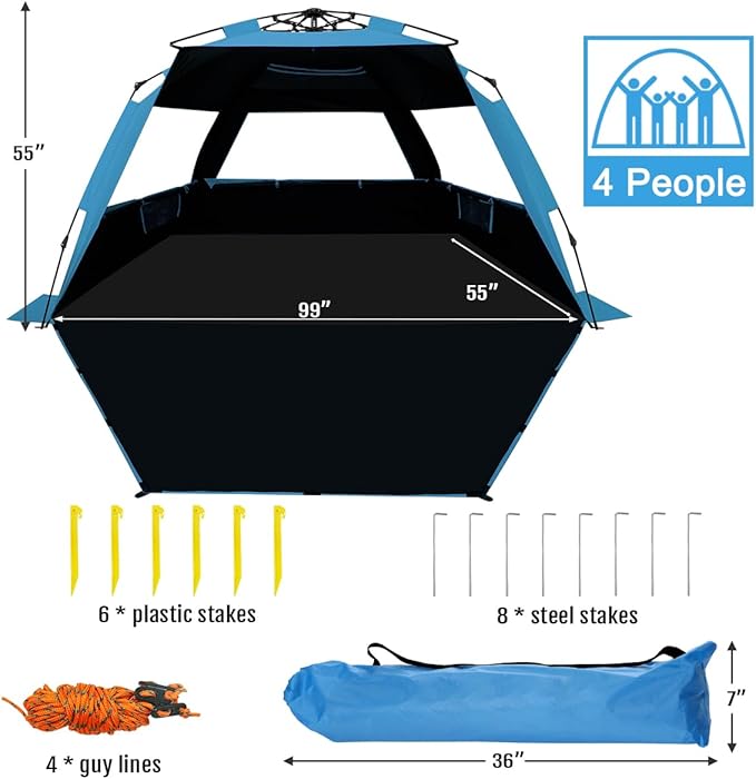 WhiteFang Deluxe Pop Up Beach Tent Sun Shade Shelter for 3-4/5-6 Person UV Protection Extendable Floor with 3 Ventilating Windows Plus Carrying Bag Stakes and Guy Lines