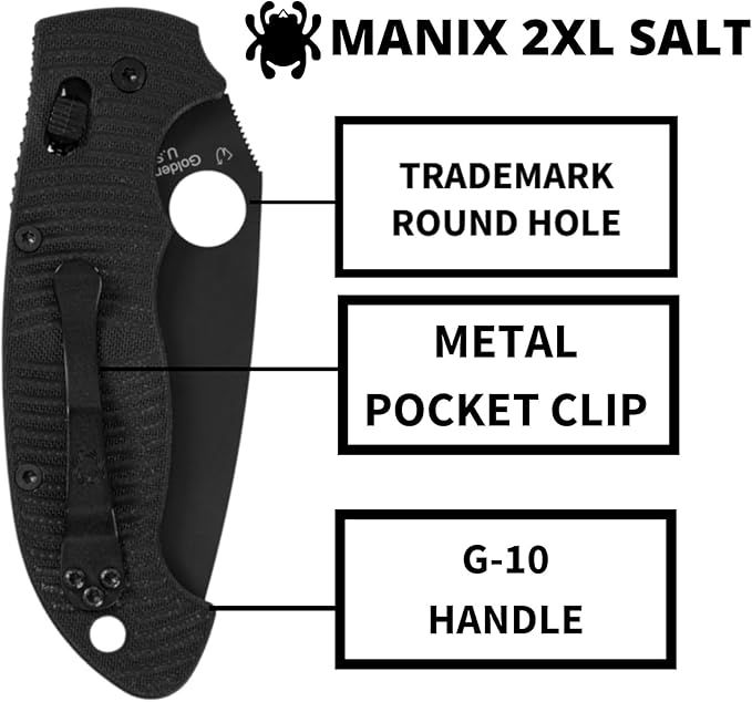 Spyderco Manix 2 XL Salt Folding Knife with 3 Black CPM MagnaCut Steel Blade and G-10 Handle - EDC Knife for Men and Women Perfect for Hunting Tactical Camping Survival - PlainEdge - C95GMCBKP2