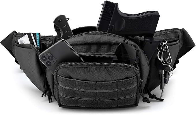 Tactical Fanny Packs pistol waist bag with adjustable waist belt zipper pocket perfect for fitness travel outdoor running and hunting. (Black One Size)