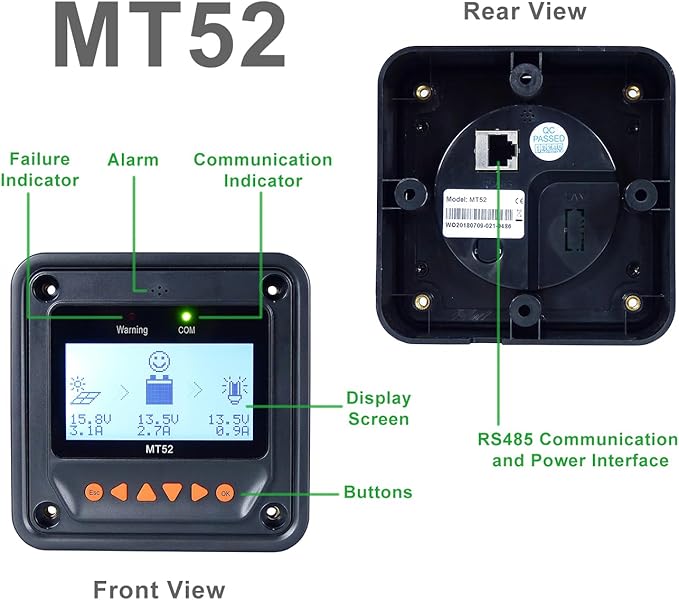 MT-52 Remote Meter Only Suitable for EPEVER Brand Tracer-an/BN Series and Triron-N Xtra LS-B VS-BN eTracer iTracer Monitor and Set Parameter of Solar Charge Controller