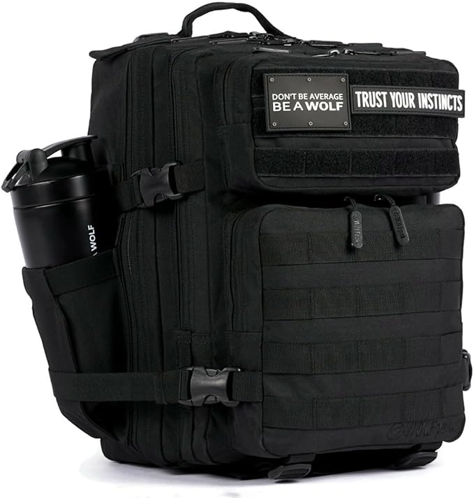 WOLFpak 25L Athletic Gym Backpack (Alpha Black) Durable 1000D Waterproof Oxford Material with MOLLE Webbing Laptop Pocket &amp Dual Cup Holders