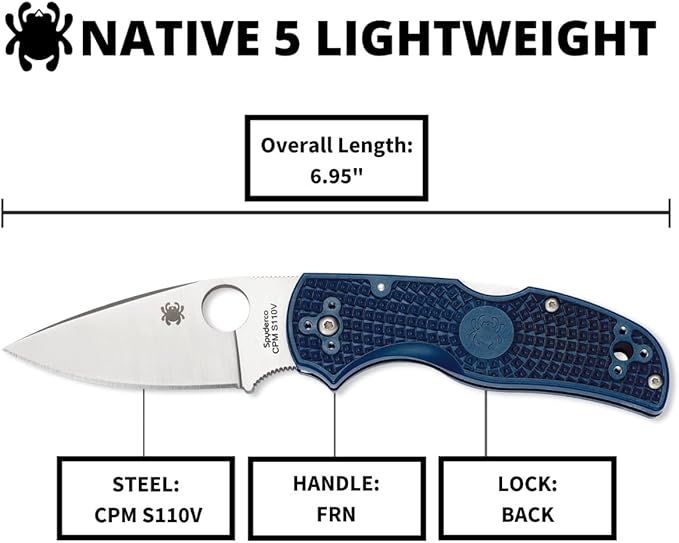 Spyderco Native 5 Lightweight Folding Knife with 2 CPM S110V Steel Blade and FRN Handle - EDC Knife for Men and Women Perfect for Hunting Tactical Camping Survival Hiking - PlainEdge - C41PDBL5