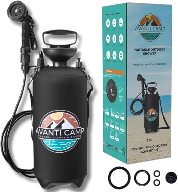 Pressurized Camping Shower (8L/2.1 Gal) – Portable Beach Shower for Surfing Camping &amp Van Life – Outdoor Rinse Kit with Hand Pump &amp 10 Spray Modes – Portable Water Sprayer Pets &amp Gear | A