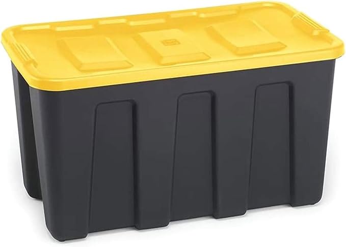 HOMZ 4-Pack Durabilt Tote Heavy Duty Plastic Storage Bins with Lids 34 Gallon Black/Yellow - Stackable Organizing Containers for Home Garage and Office