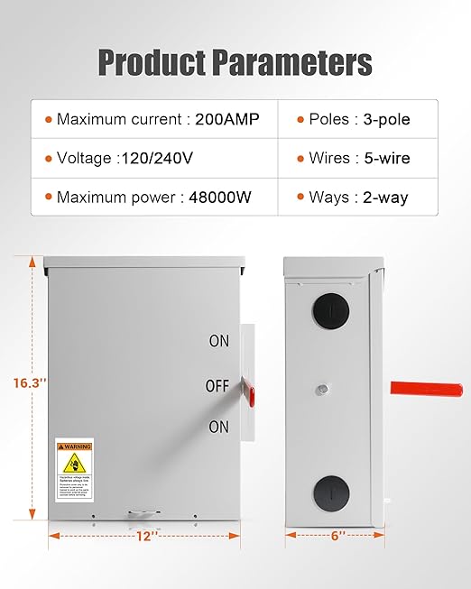 200 Amp Transfer Switch 3P 120/240V 48000W General-Duty Double-Throw Safety Switch Meeting NEMA 3R Standards for Outdoor and Indoor
