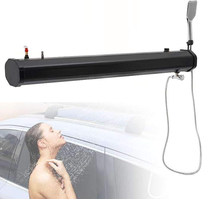 Pressurized Water Tank for Camping Shower Lightweight Portable Outdoor Roof Rack Water Tank with Water Hose Shower Head for Hiking Car wash Pet Cleaning Beach Vacations18L/4.76gal