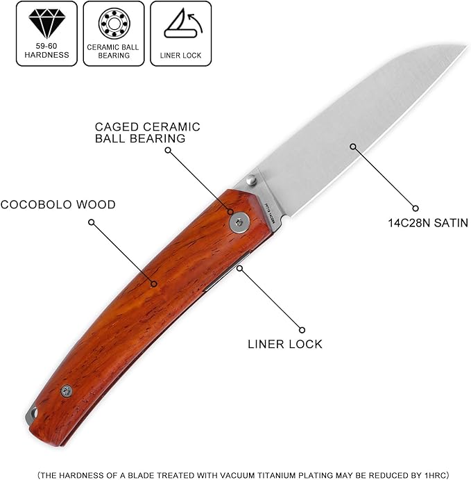 Petrified fish PF719 Folding Knife3.38 14C28N Steel Blade G10 Handle Thumb Stud Liner lock Pocket knife (Cocobolo Wood Satin)