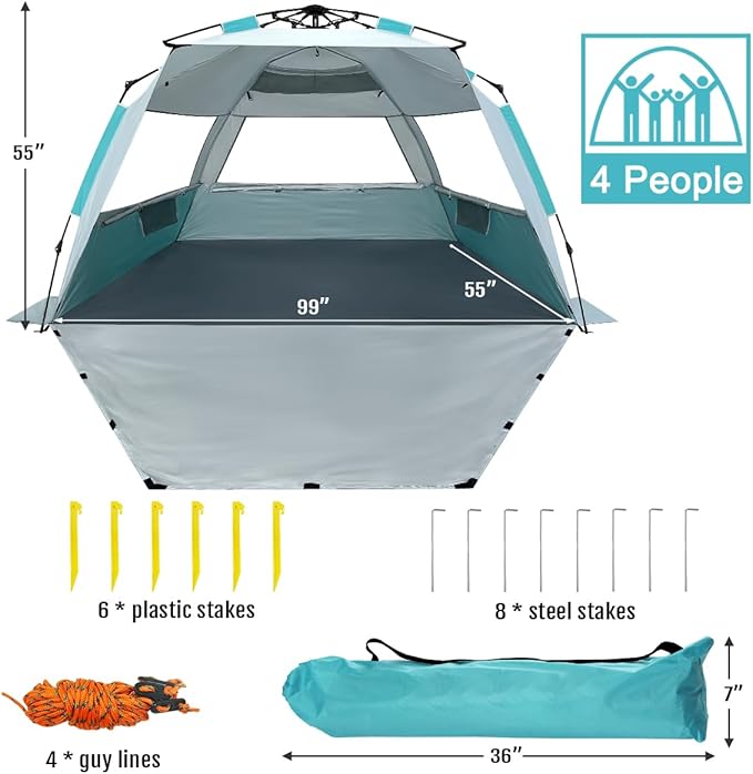 WhiteFang Deluxe Pop Up Beach Tent Sun Shade Shelter for 3-4/5-6 Person UV Protection Extendable Floor with 3 Ventilating Windows Plus Carrying Bag Stakes and Guy Lines