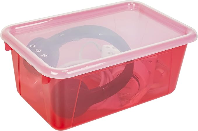 Storex Small Cubby Bins – Plastic Storage Containers for Classroom with Non-Snap Lid 12.2 x 7.8 x 5.1 inches Tint Red 5-Pack (62481A05C)
