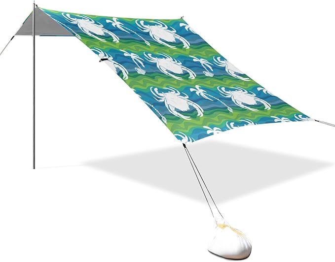 xigua Crabs Beach Tent Sun Shelter with Carrying Bag - Silver Coated Oxford Fabric Beach Canopy for Beach Camping Fishing - Includes Windproof Ropes Sandbags &amp Stakes