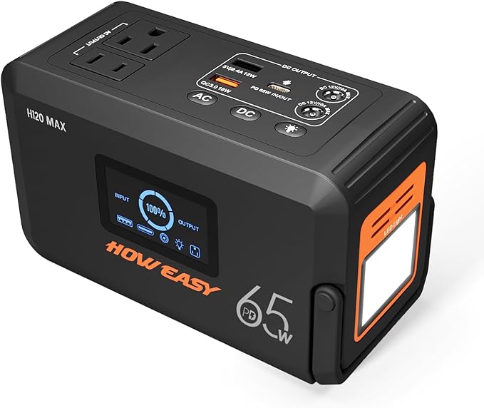 HOWEASY Portable Power Station135W(270W Peak) Solar GeneratorPower Bank with AC Outlet and 65W PD Output98Wh Lithium Battery Backup with LED Light for Camping Home Backup Outdoor Emergency