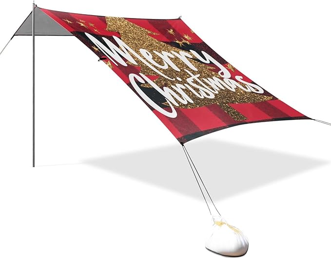 Merry Christmas Buffalo Plaid Red Stable Beach Tent UPF50+ Waterproof Large Portable Sun Shelter with Sandbags Sand Shovel Poles for Backyard and Camping