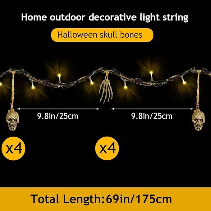 Halloween Indoor Outdoor 6FT Lights Decor 26LED Hanging Skeleton Bone Hand String Lights Battery Operated Spooky Halloween Wreath Door Patio Party Decoration
