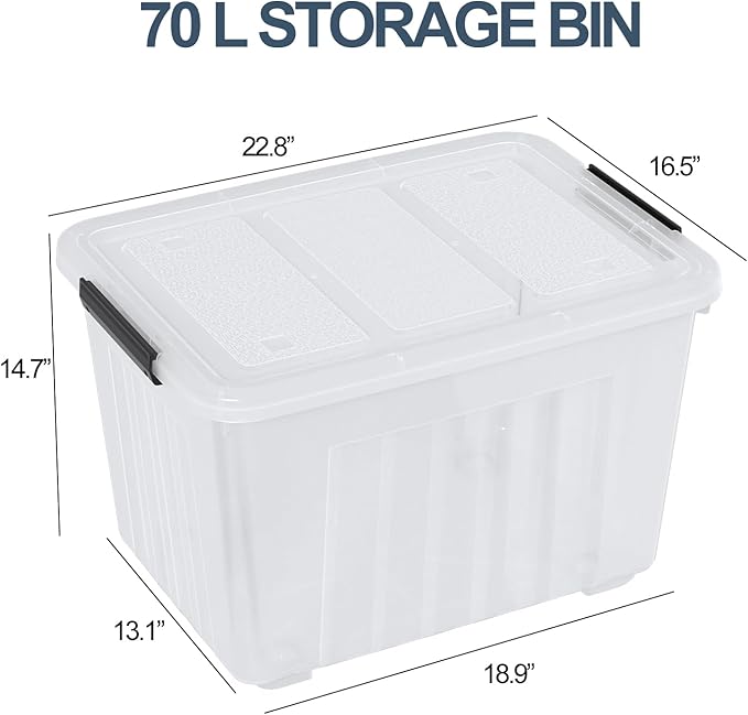 70 L Clear Storage Bin with Wheels Extra Large Plastic Latching Storage Box 4 Pack