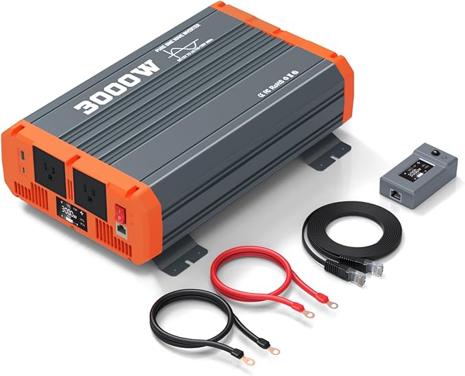 3000W Pure Sine Wave Inverter 12V to 110V/120V AC Car Power Inverter for Vehicles Truck Solar RV Home Backup with Dual AC Outlets USB &amp Type-C Fast Charge Ports Remote Controller