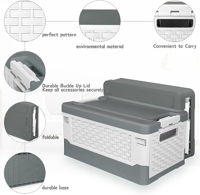 TOPCJ Foldable Storage Bins with LidsCloset OrganizerStackable Plastic Storage Containers with Secure Latching BucklesPerfect Organization for Homehome Office(Grey)