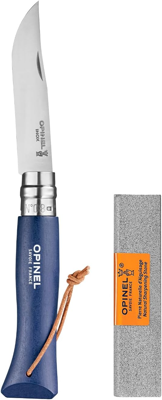Opinel Colorama Series No. 8 - Stainless Steel Everyday Carry Folding Pocket Knife with Leather Strap Painted Hornbeam Handles