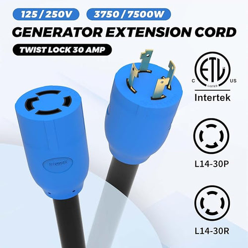 100FT 30 Amp Generator Cord 4 Prong NEMA L14-30P/L14-30R Generator Extention Cord Twist Lock Heavy Duty 10 Gauge Outdoor Extension Cable for RV Camper and Generator to House ETL Listed