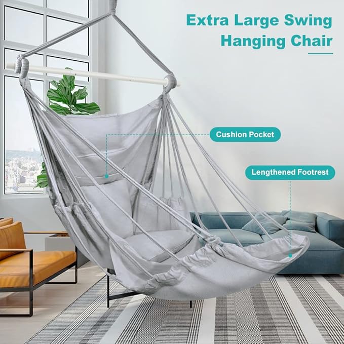 Outerman Hammock Chair Hanging Chair with 3 Cushions and Foot Rest Support Sturdy Metal Spreader Bar Max 440 Lbs Swing Chair for Bedroom Indoor &amp Outdoor Patio Porch or Tree（Gray）