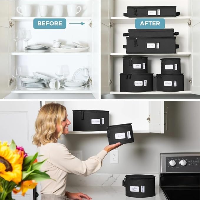 China Storage Hard Shell Containers 12-Piece Set Moving Boxes for Dinnerware Glasses Plates Mugs and Saucers Sturdy Dish Organizer with Dividers for Seasonal Storage - Service for 12 - Black