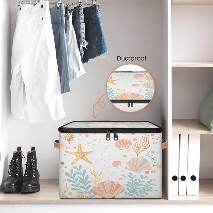 Storage Bin with Lid Ocean Shells Stackable Closet Storage Bins Decorative Bedroom Organizer Box Lidded Baskets Living Room Storages Boxes Cube Organizer Cute Container with Handles
