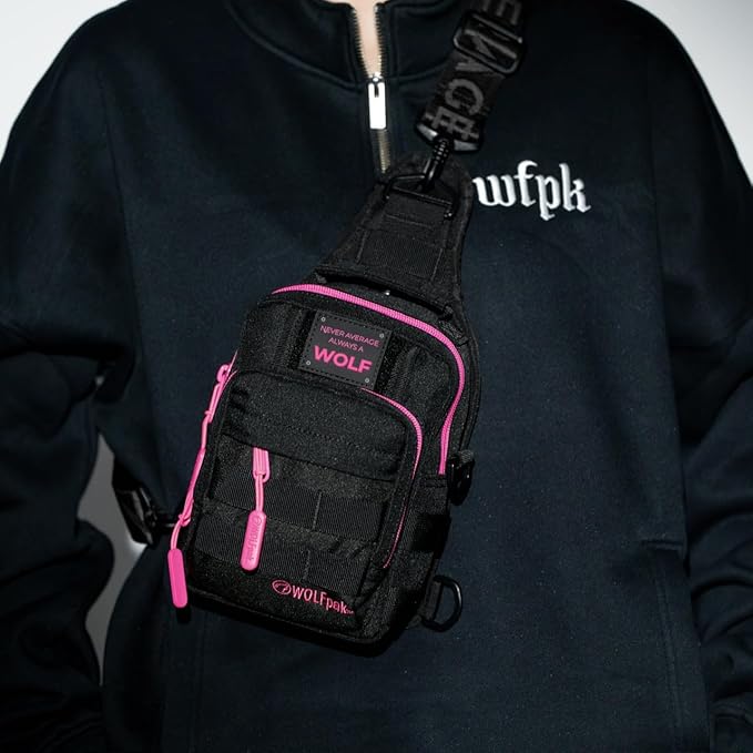 WOLFpak 4L Mini Tactical Sling Bag (Black Neon Pink) Compact Crossbody Backpack for Gym Travel &amp EDC | Tactical Shoulder Bag with Multiple Pockets – Lightweight Durable Sling Pack for Men &amp