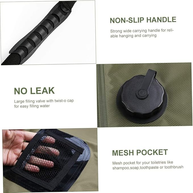 Solar Shower Bag Portable Outdoor Water Storage Shower Nozzle for Camping Hiking Beach Travel Olive Green Convenient Water Temperature Display Easy to