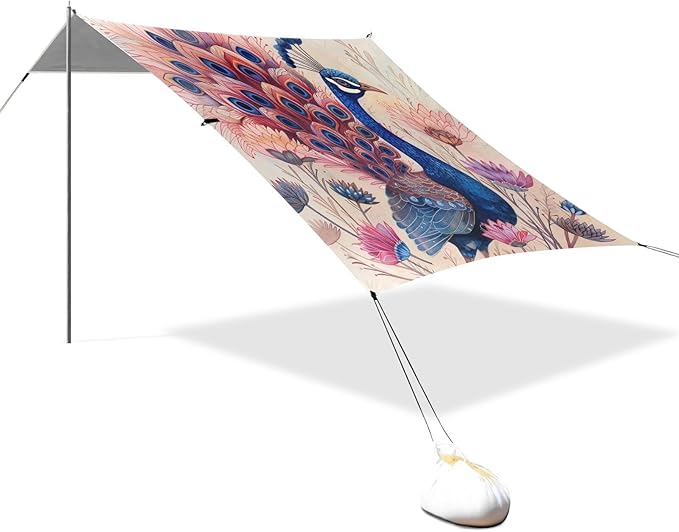 ALAZA Peacock and Pink Flower Beach Tent Sun Shelter Portable Canopy Sunshade for Outdoor Camping Picnics Backyard Fun 10x9 ft