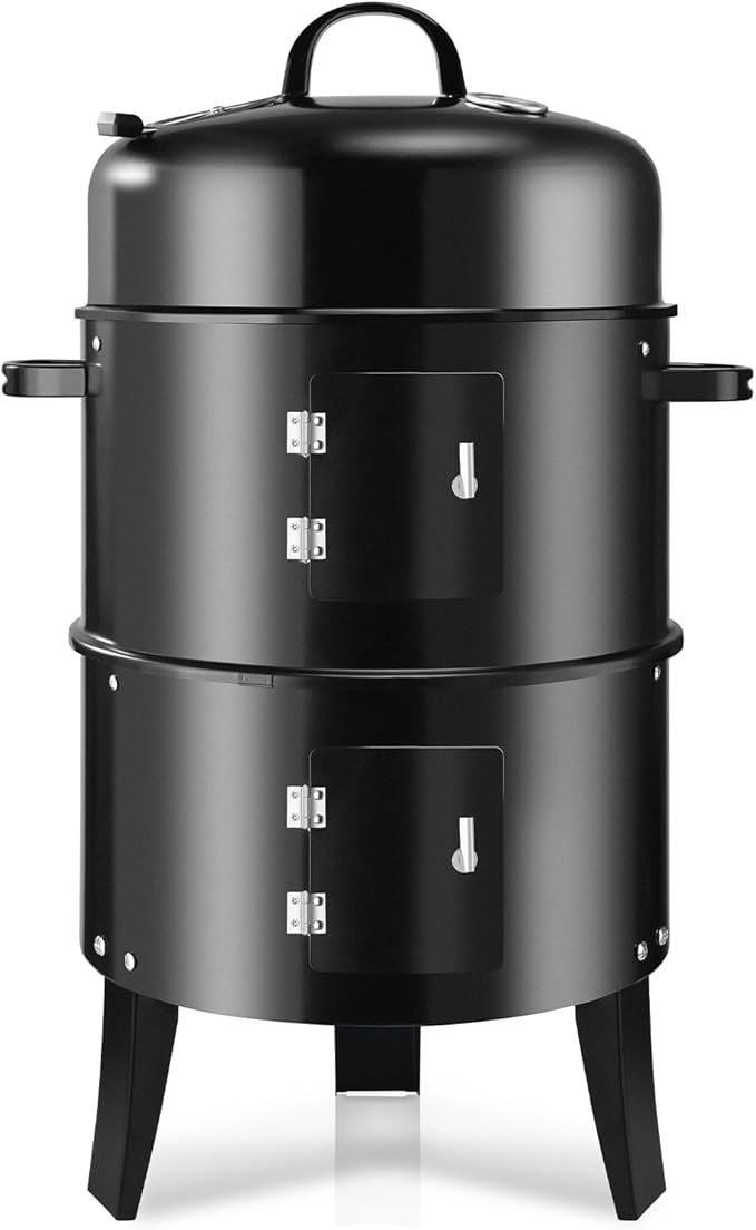 T001-2 19-inch BBQ Charcoal Smoker Heavy Duty Round Smoking-Vertical Multi-Layer Pellet Smoker for Meats-Offset Charcoal Grill with Thermometer Black