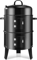T001-2 19-inch BBQ Charcoal Smoker Heavy Duty Round Smoking-Vertical Multi-Layer Pellet Smoker for Meats-Offset Charcoal Grill with Thermometer Black