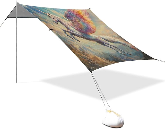 ALAZA Rainbow Uniron Horse Beach Tent Sun Shelter UPF50+ Protection Beach Shade Canopy w/ 4 Sandbags for Outdoor Camping Fishing Backyard Fun Picnic 10x9 ft