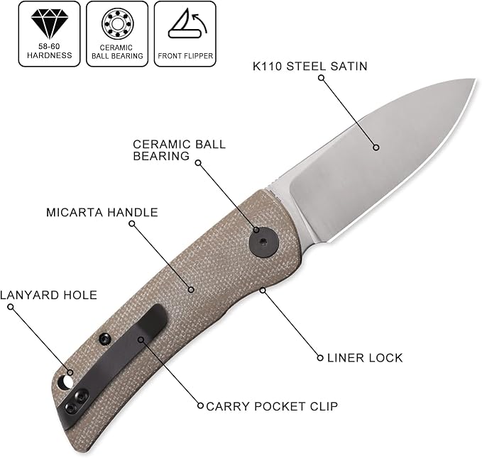 Petrified fish PFE05 Flavorist3.15 K110 Satin Blade 94g Micarta Handle Front Flipper Liner lock Folding knife (Khaki-S)
