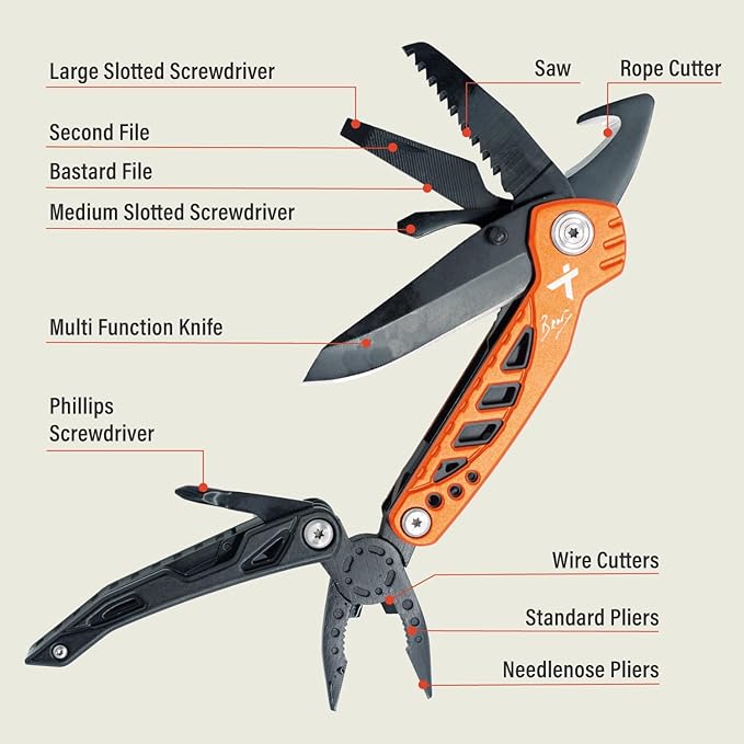 Utility Tool by Bear Grylls Multitool Pocket Knife For Camping Hiking EDC and Survival with Bottle &amp Can Opener Pliers Screwdriver Sheath - Black Oxide Finish Medium