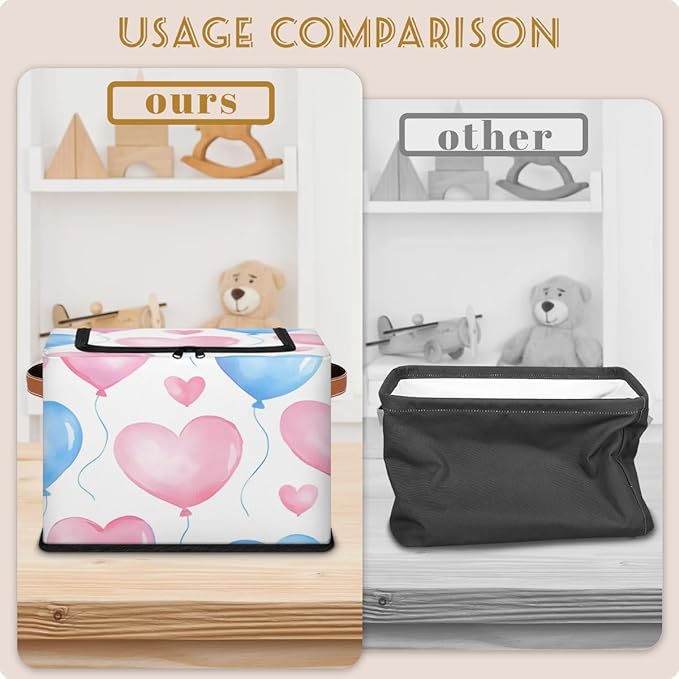 Valentine¡¯s Day Storage Bins with Zipper Lid Love Heart Balloons Fabric Lidded Storage Baskets Cubes with Handles Decorative Foldable Shelf Closet Organizer Container