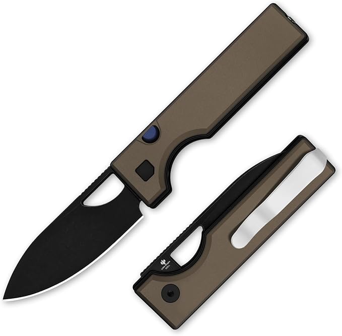 Kizer Little Ringbo Pocket Knife 2.95 AEB-L Steel Drop Point Folding Knife with Brown Aluminum Handle Thumb Hole Opener Button Liner Lock EDC knives for Camping Hiking V3708A2