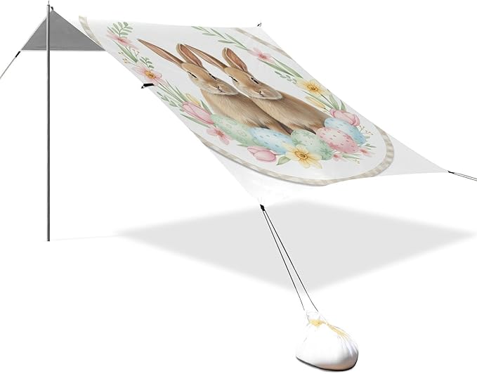 Beach Canopy with Windproof Ropes &amp Sandbags Beach Tent Sun Shade Sun Shelter for Camping Trips Fishing Backyard Fun or Picnics Easter Rabbit