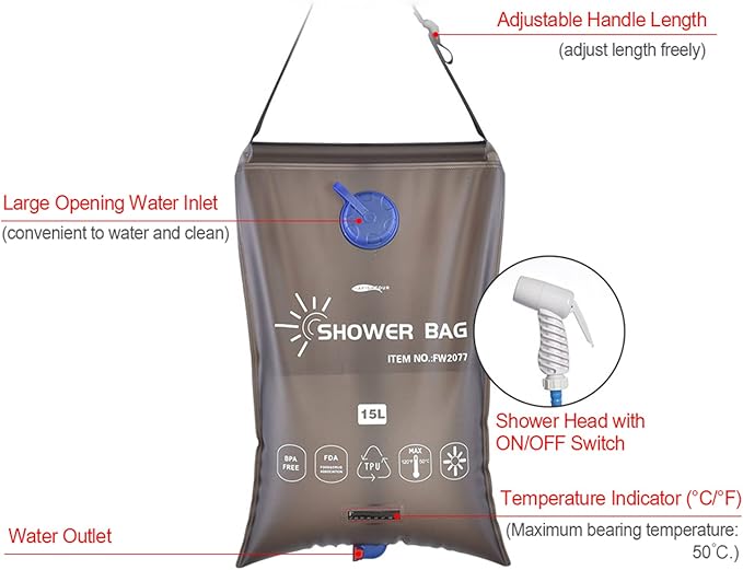 Portable Camping Pressure Shower Bag 15l Solar Heating EVA Shower Bag Hiking Water Bag for Picnicking Bathing and Water Storage