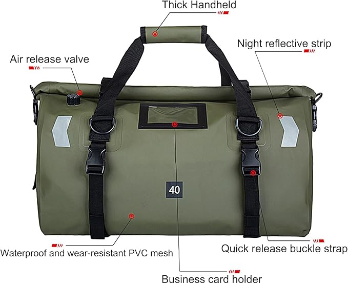 40L Waterproof Duffel Bag Motorcycle Dry Bags Large Heavy Duty Camping | Back Seat Roll Top Luggage Tail with Reflective Strips Backpack for Kayaking Rafting Boating Camping Travel