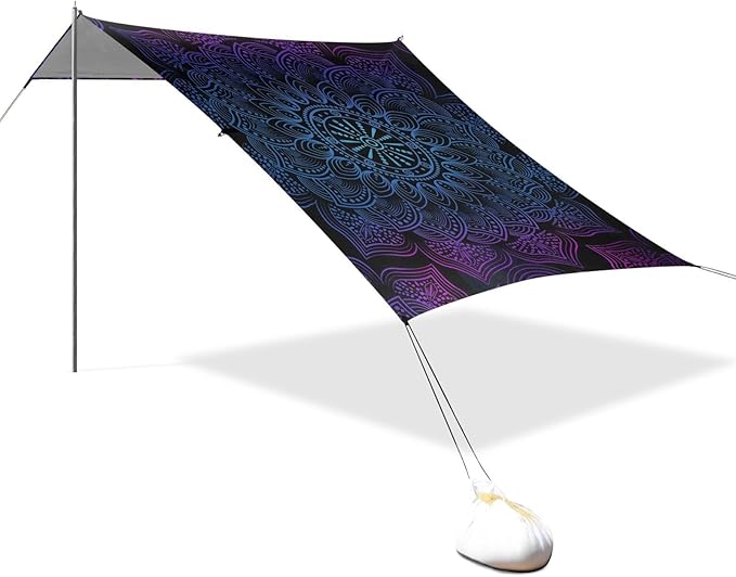 ALAZA Rainbow Mandala Boho Lotus Beach Tent Sun Shelter UPF50+ Protection Beach Shade Canopy w/ 4 Sandbags for Outdoor Camping Fishing Backyard Fun Picnic 10x9 ft
