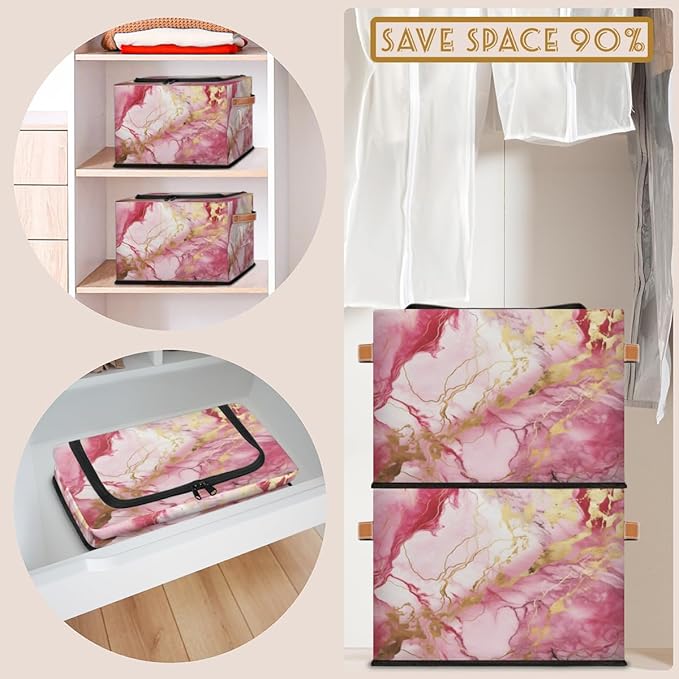 Marble Storage Bins with Zipper Lid Pink Gold Fabric Lidded Storage Baskets Cubes with Handles Decorative Foldable Shelf Closet Organizer Container