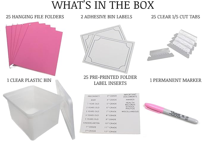 Kid's Craft Memory Keepsake Organizer Box - Clear Storage Latching Bin with Hanging File Folders and Custom Tab Inserts (Pink)