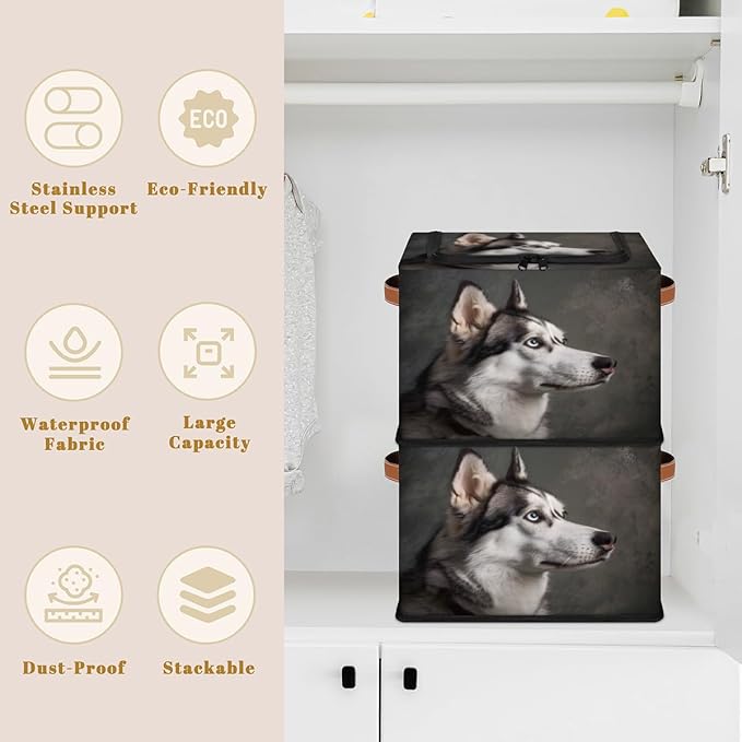 Husky Dog Storage Box with Lid Cute Pet Dog Collapsible Storage Bins Baskets Cubes Closet Shelf Clothes Organizer Containers with PU Leather Handles
