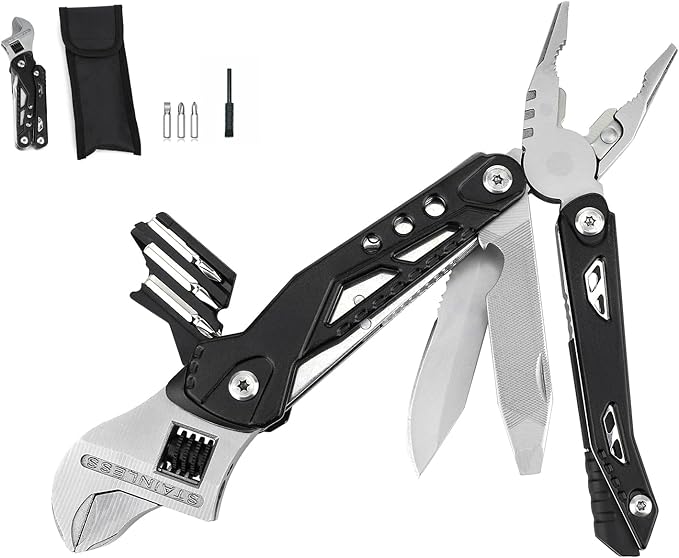 14-in-1 Adjustable Wrench Multitool EDC Compact Multi Tool with Pliers Knife Saw Screwdrivers 30Cr13 Stainless Steel Tool for Home Repair DIY Camping Hiking and Outdoor Use