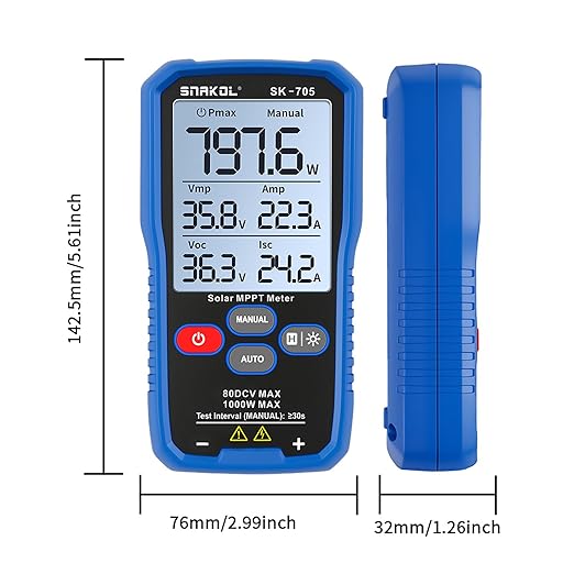 Solar MPPT Power Tester for Photovoltaic Modules 1000 W 80 V DC Max 35 A Automatic &amp Manual Power Measurement Voc Isc Vmp Pmax 3.2 LCD with Backlight Portable PV Tester (SK-705)
