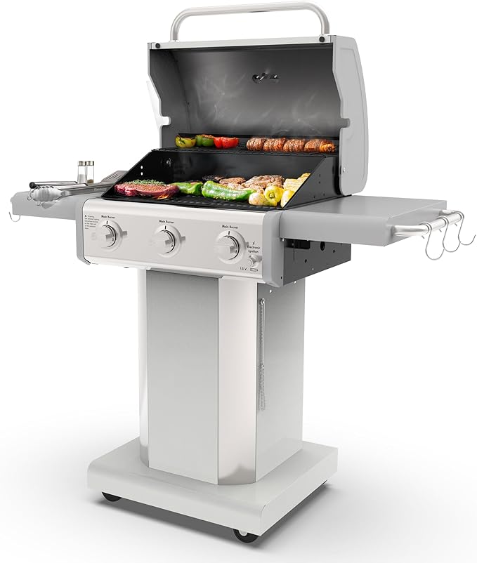 Kenmore 3-Burner Outdoor BBQ Grill | Liquid Propane Barbecue Gas Grill with Folding Sides PG-A4030400LD-PE Pedestal Grill with Wheels 30000 BTU Pearl White