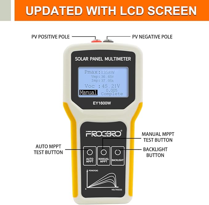 FrogBro Upgrade Solar Panel Tester Photovoltaic Multimeter Upgrade 1600W with Ultra Clear LCD Smart MPPT Open Circuit Voltage Troubleshooting Utility Tool for Solar PV Testing (LCD 1600W)
