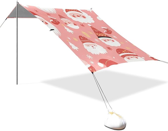 Christmas Santa Red Pastel Pink Stable Beach Tent UPF50 Waterproof Large Portable Sun Shelter with Sandbags Sand Shovel Poles for Camping Picnics Backyard &amp Fishing