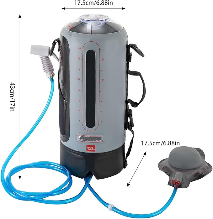 Portable Pressure Outdoor Camping Shower Bag with Air Pump Shower Head Hose12L Solar Absorbing 3-Gallon Water TankDurable and Waterproof Shower Equipment