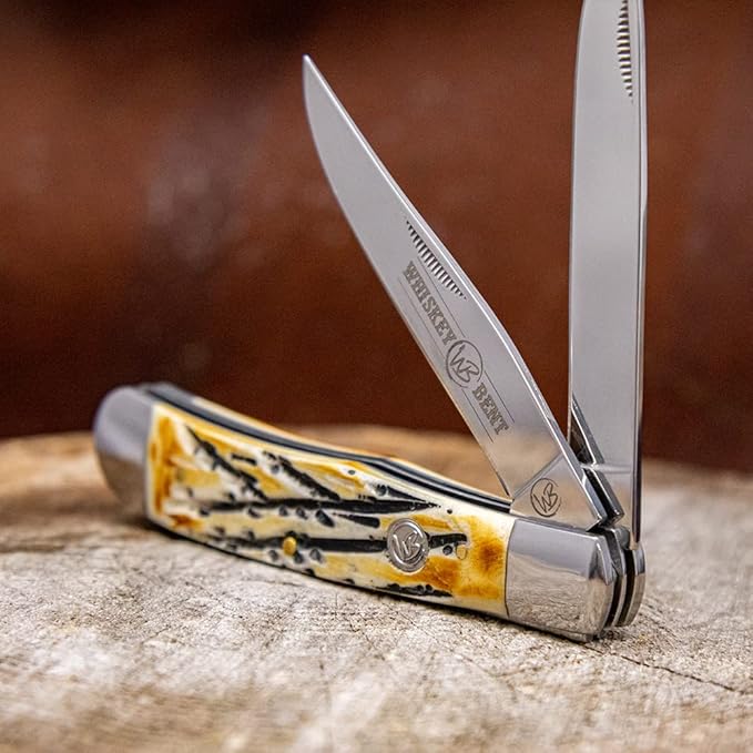 WHISKEY BENT HAT CO. Traditional Trapper Folding Pocket Knife 4.125 Closed Length 440C Stainless Steel Blades (Carved Burnt Bone)